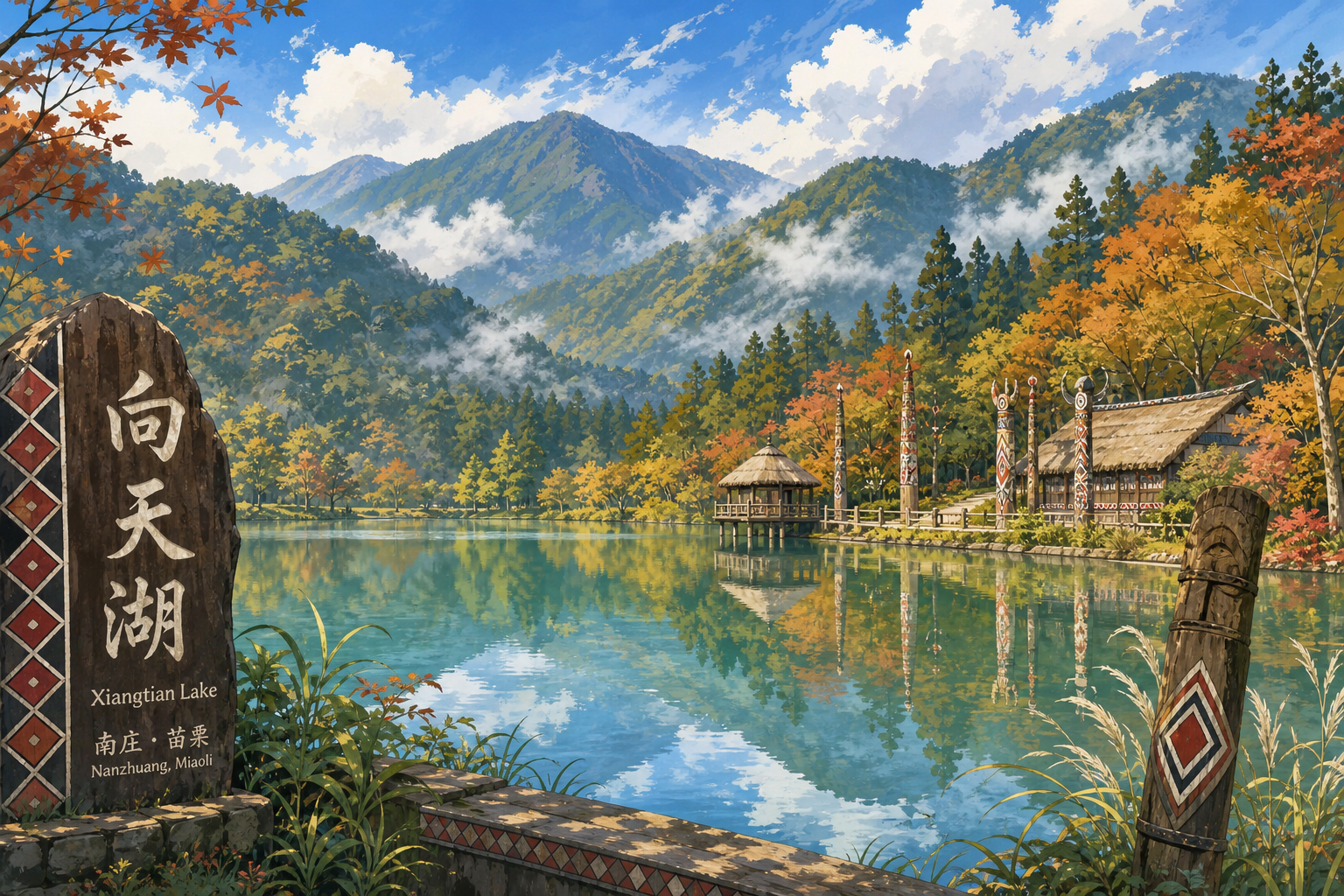 向天湖寧靜湖面倒映山景的照片，賽夏族部落聖地