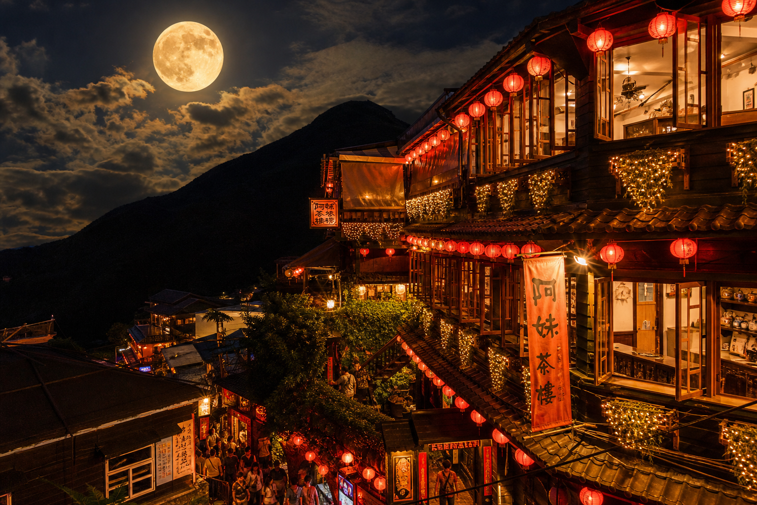 中秋佳節，台灣老街升起一輪滿月，紅燈籠點綴夜色，中秋連假氛圍滿點