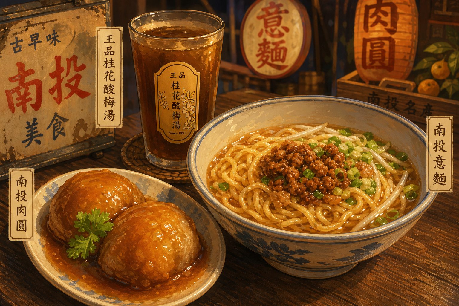 南投在地美食：友德意麵、阿連扣仔嗲、王品桂花酸梅湯（AI 生成示意圖）