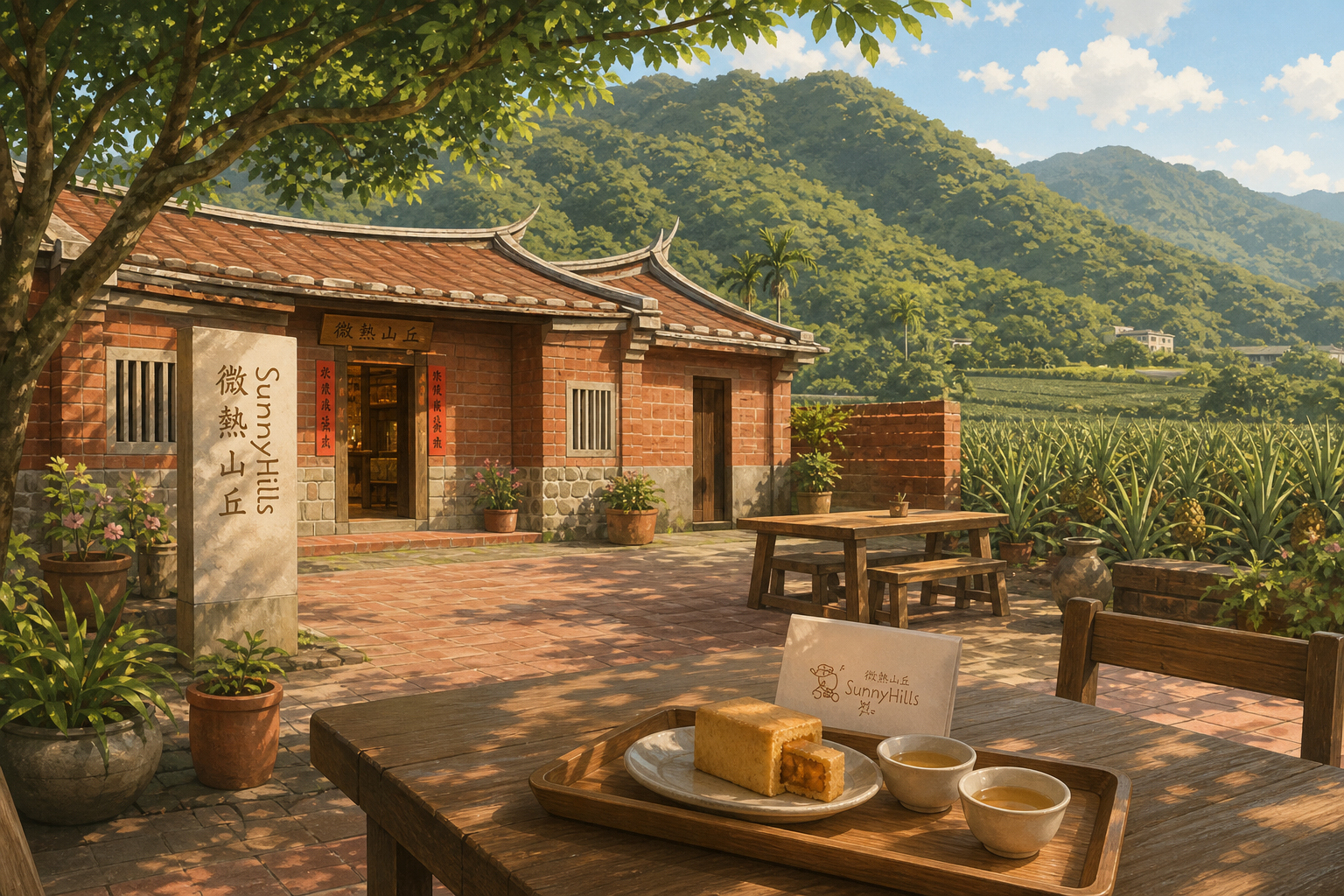 微熱山丘三合院門市，紅磚建築搭配鳳梨田景觀（AI 生成示意圖）
