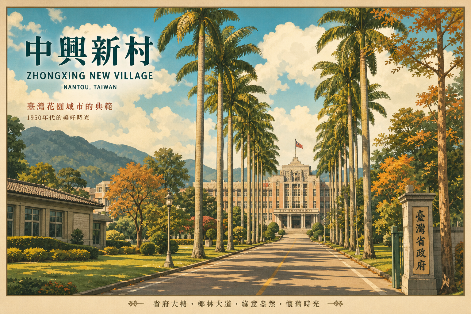 中興新村省府大樓與椰林大道，花園城市的秋日風情（AI 生成示意圖）