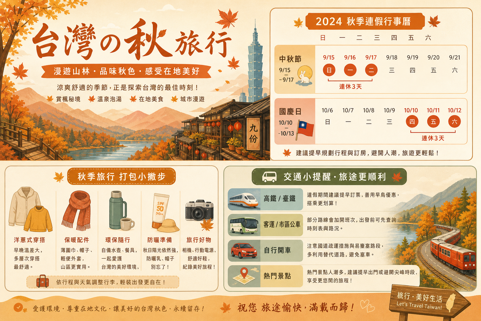 國慶連假旅遊提醒:訂票時間、天氣準備與交通注意事項