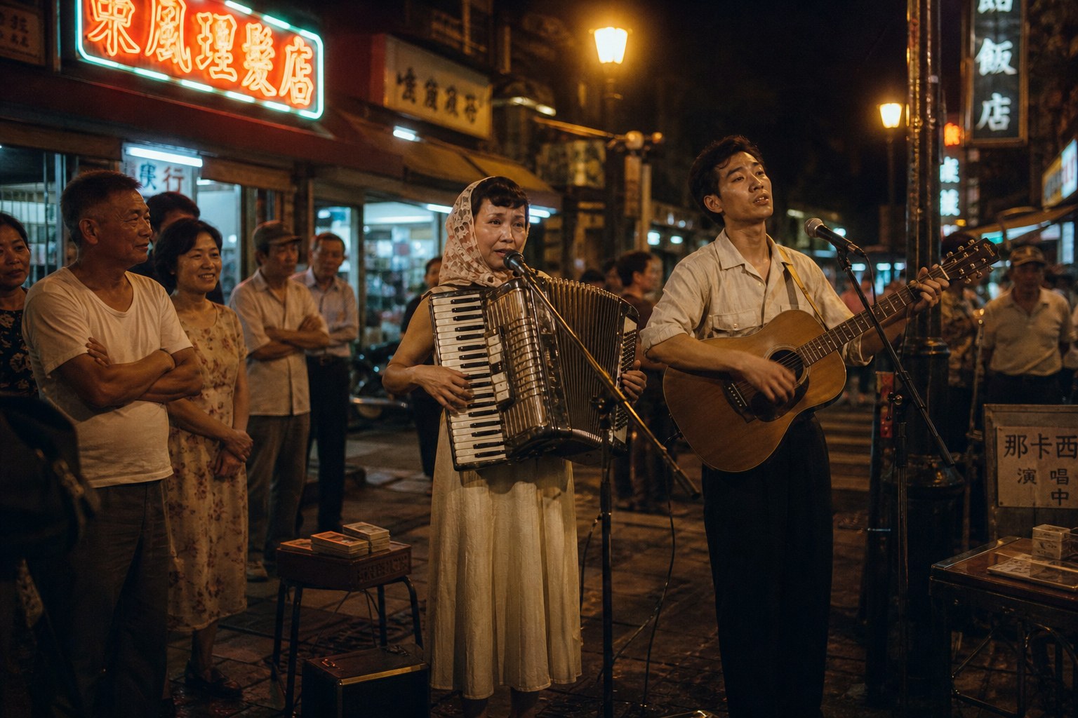 【AI生成示意圖】台北街角的夜間那卡西街頭音樂表演,手風琴樂手與圍觀人群,呼應「夜卡西」主題