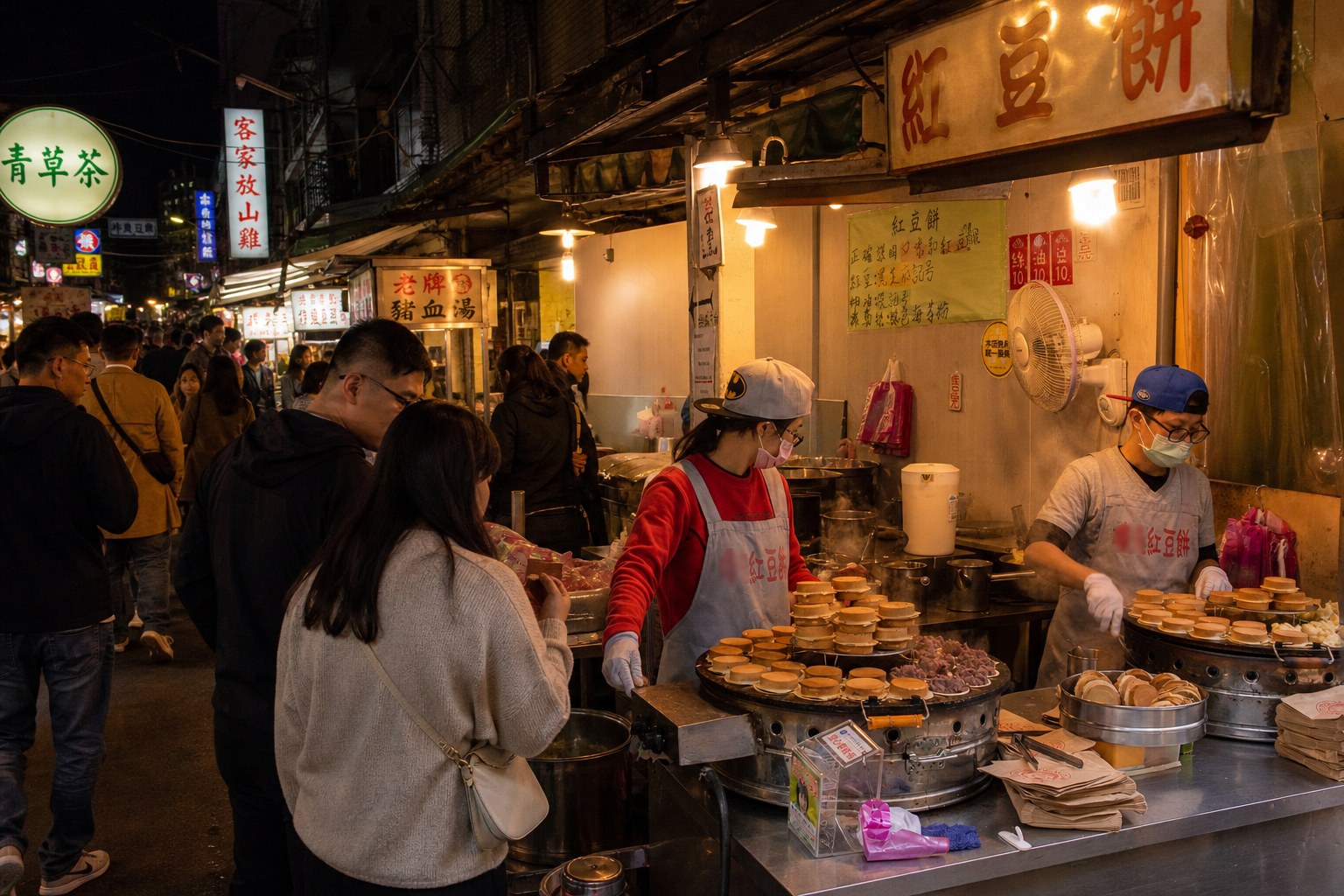 【AI生成示意圖】晴光市場雙城街美食攤販街景,紅豆餅攤與暖黃燈光、排隊人群