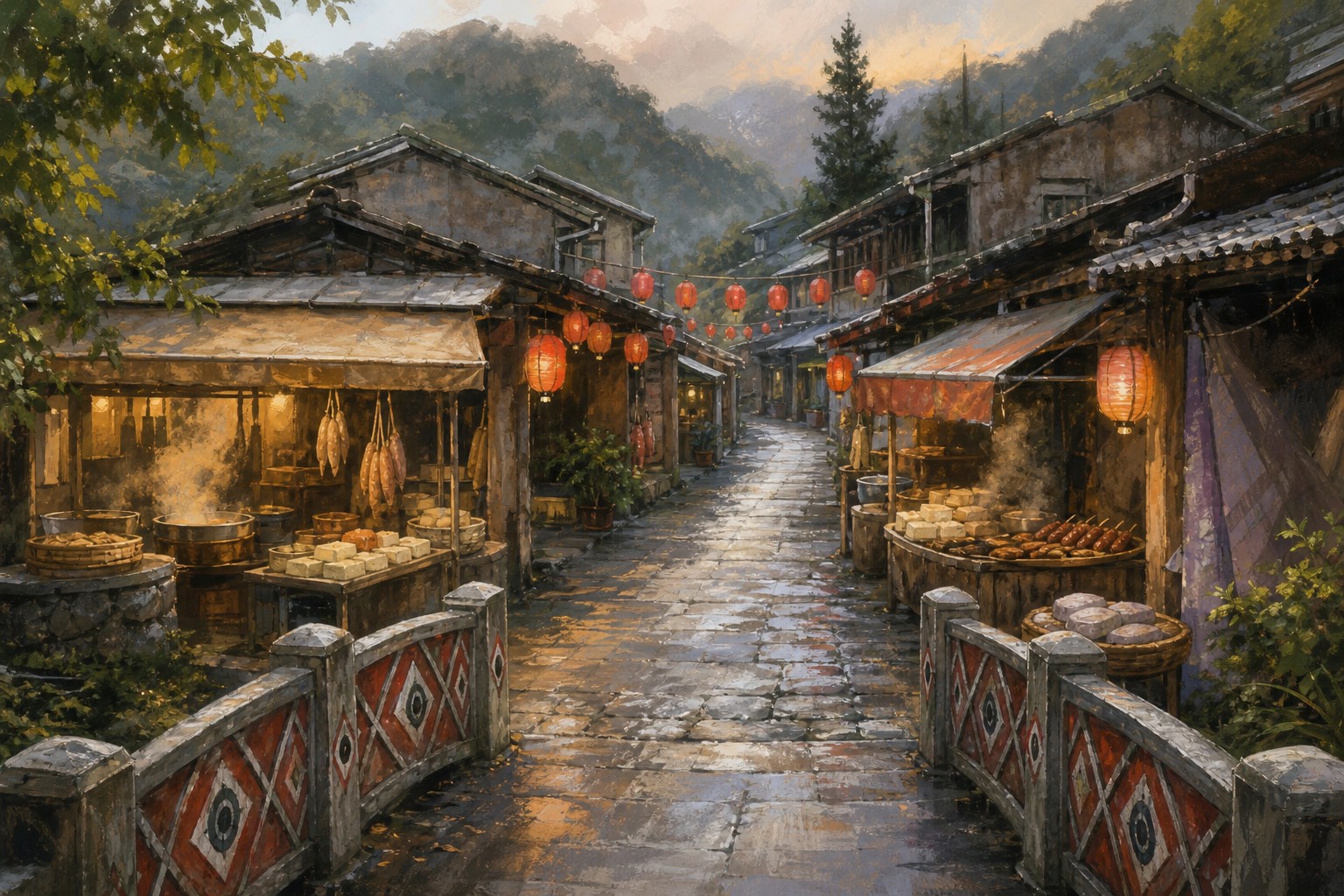 【AI生成示意圖】清安豆腐街:石板老街、冒著蒸氣的豆腐攤與紅燈籠,橋上可見泰雅祖靈之眼圖騰