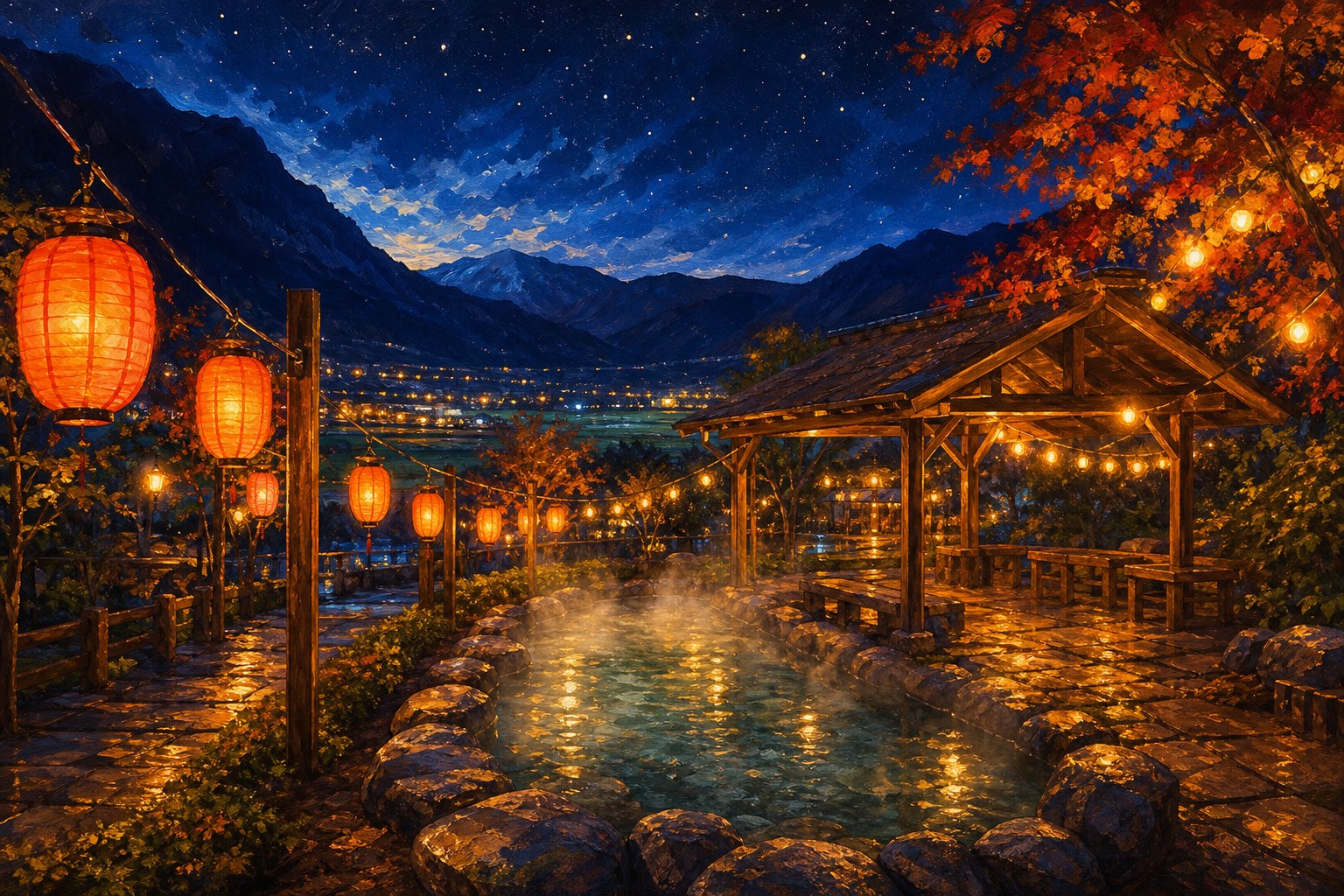 【AI生成示意圖】瑞穗溫泉公園夜間點燈：免費足湯池冒著蒸氣，紅色燈籠與暖色串燈沿溫泉道路亮起