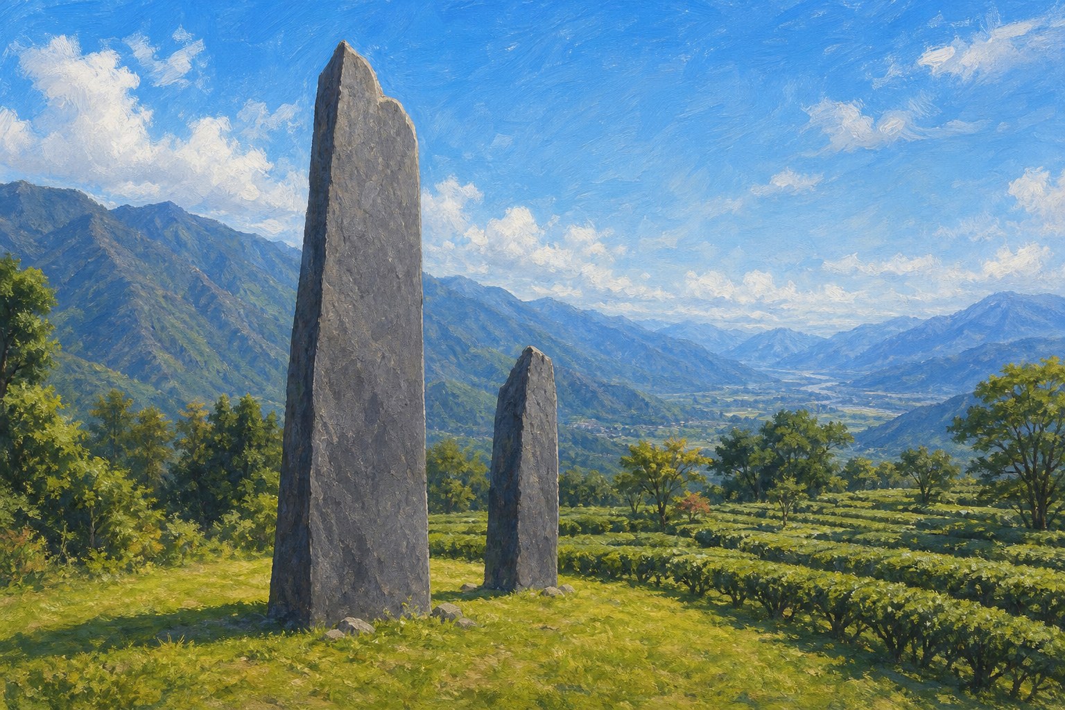 【AI生成示意圖】掃叭石柱：兩根巨大板岩石柱矗立舞鶴台地草地，背景是茶園與花東縱谷群山