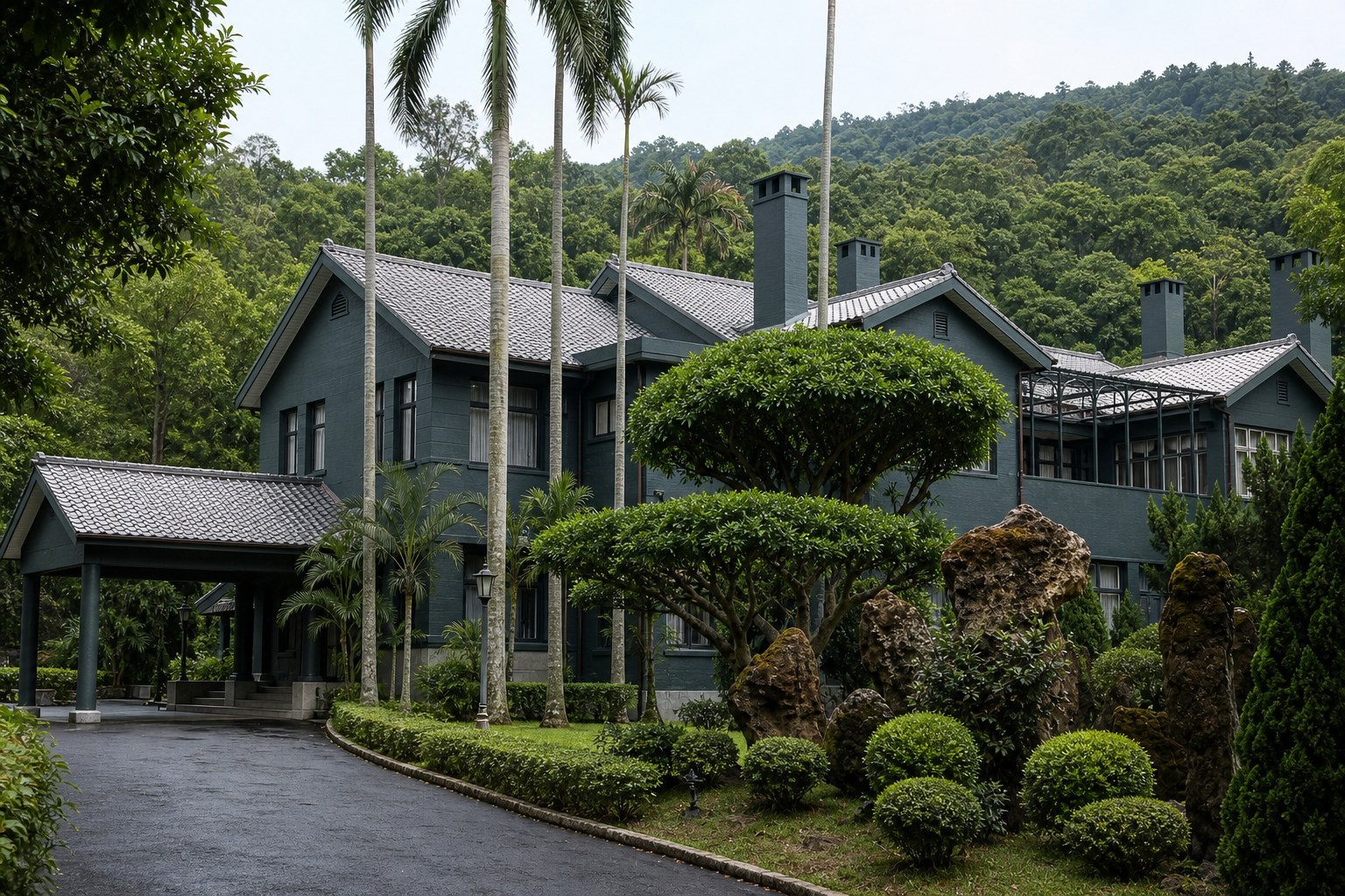 【AI生成示意圖】士林官邸正館外觀,兩層西式洋樓、墨綠色外牆與灰瓦屋頂,庭園環繞