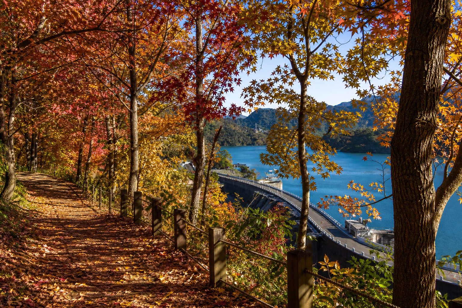 【AI生成示意圖】石門水庫楓林步道，楓紅落葉步道與壩頂湖景相映
