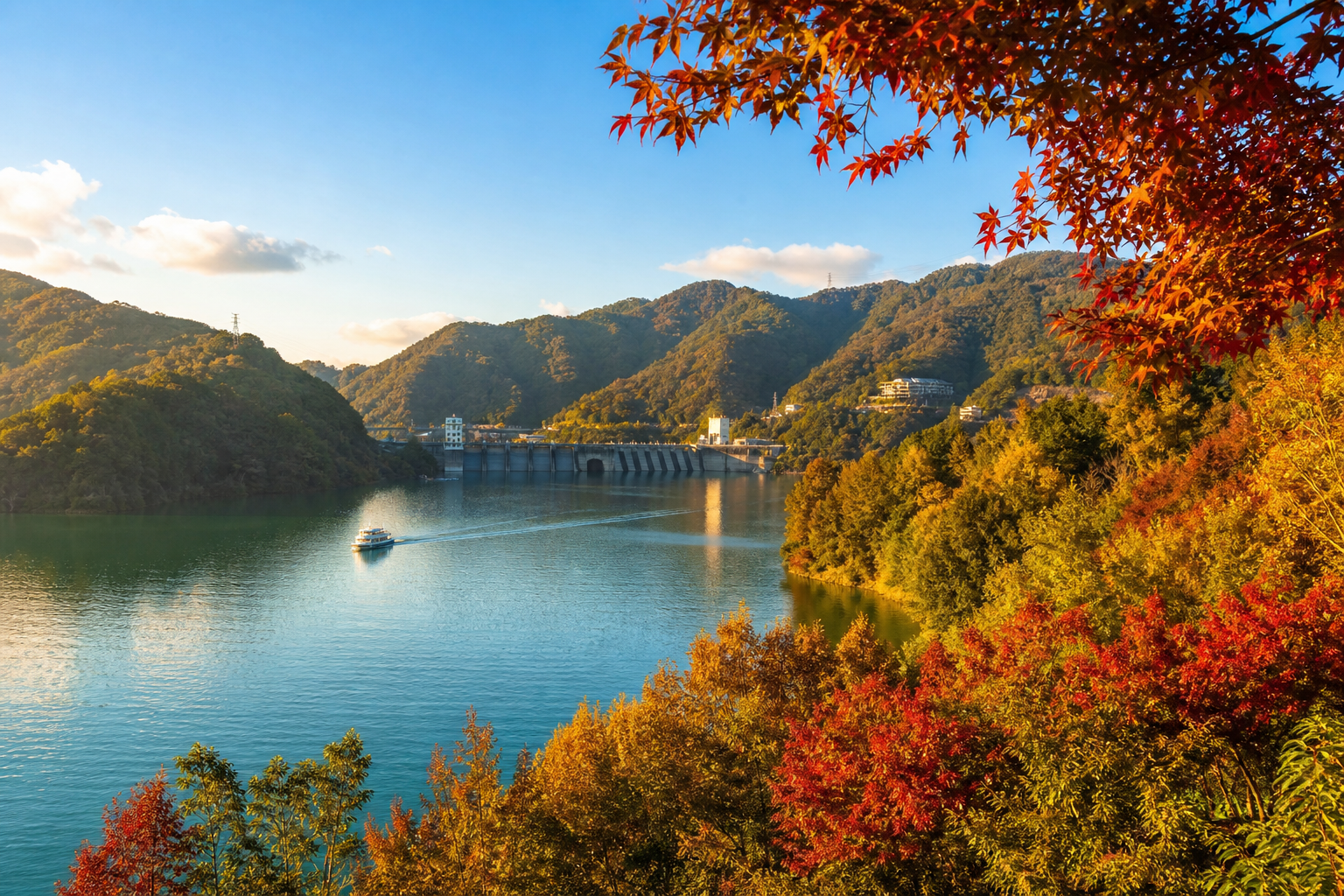 石門水庫秋日楓紅湖景（情境示意圖）