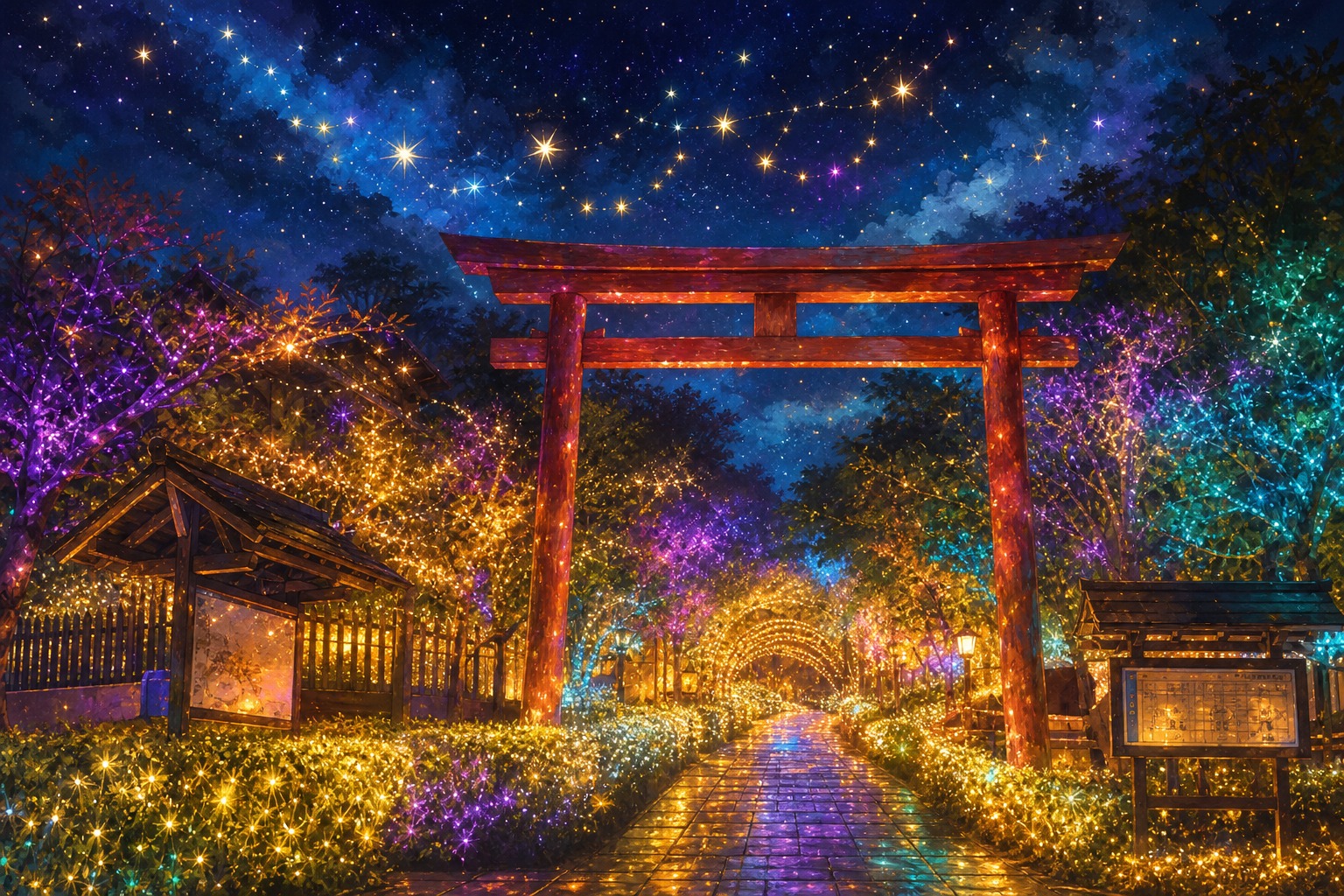 【AI生成示意圖】四重溪溫泉季夜間燈海：七彩霓虹鳥居入口與滿園燈飾
