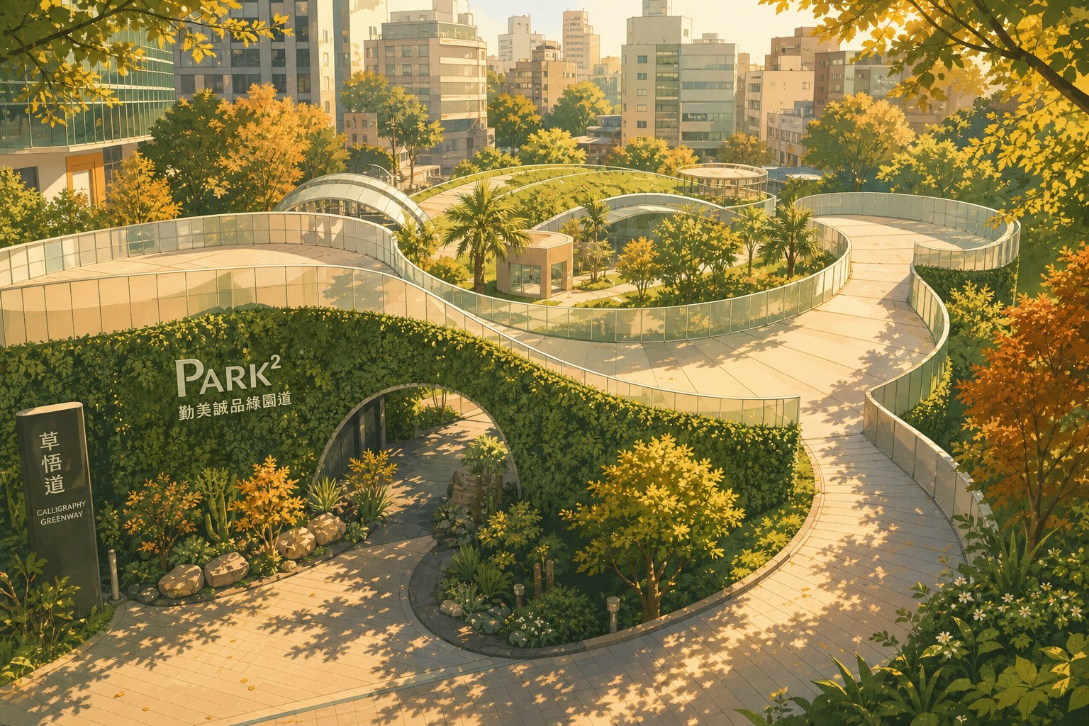 【AI生成示意圖】草悟道綠園道秋日午後，勤美誠品植生牆建築與林蔭步道