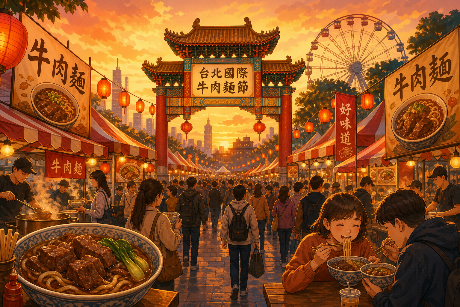 台北國際牛肉麵節會場空拍示意圖，圓山花博長廊廣場的熱鬧攤位與排隊人潮。