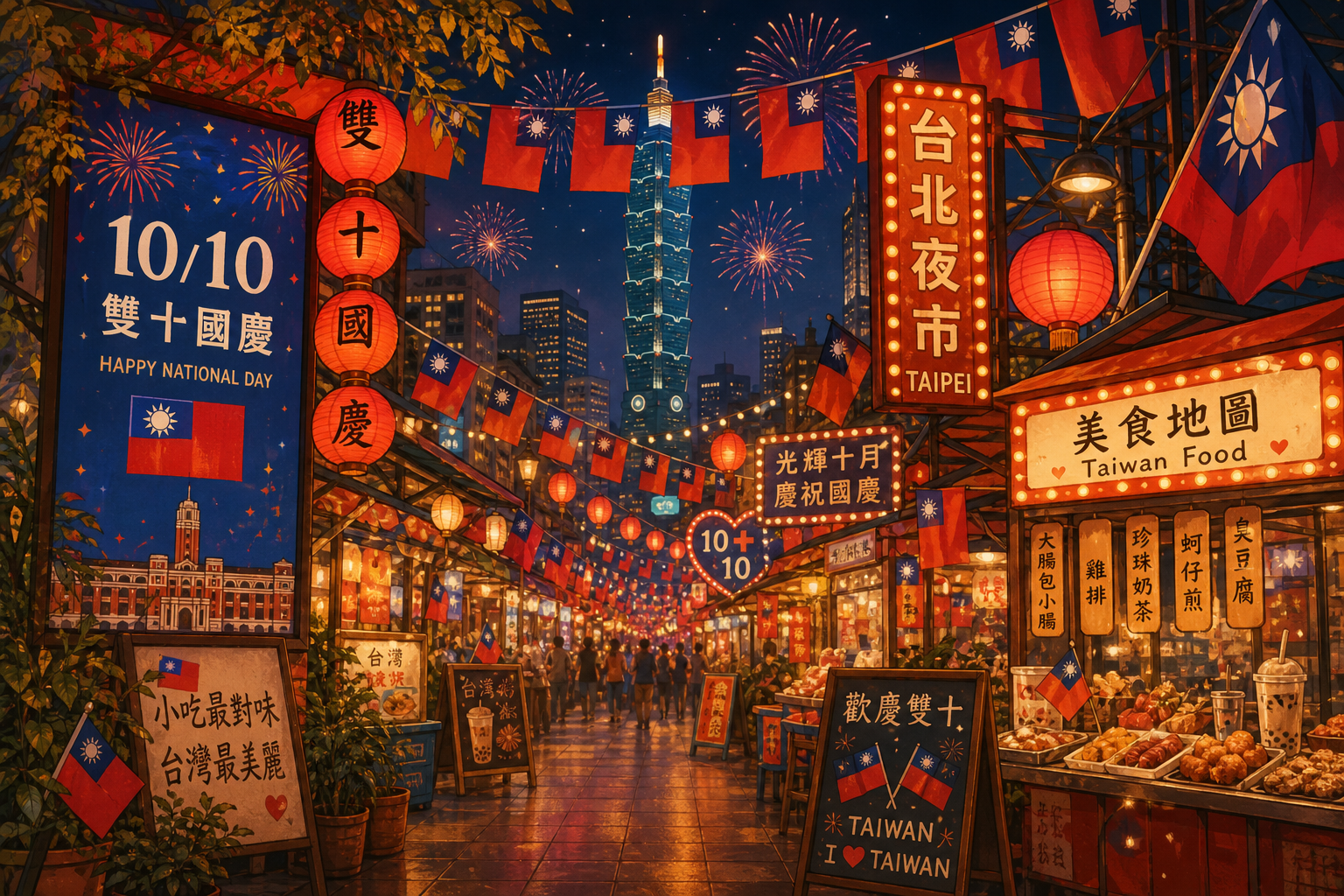 雙十連假台北夜晚的熱鬧氛圍，夜市與燈籠裝飾。