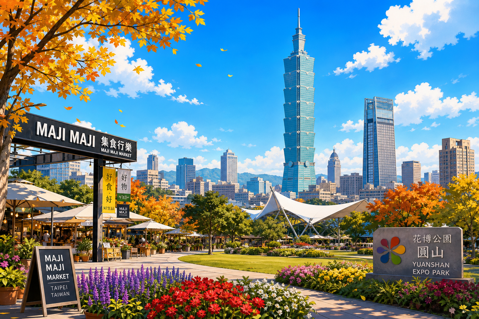 圓山花博公園與台北市區風景，MAJI MAJI市集與綠地。
