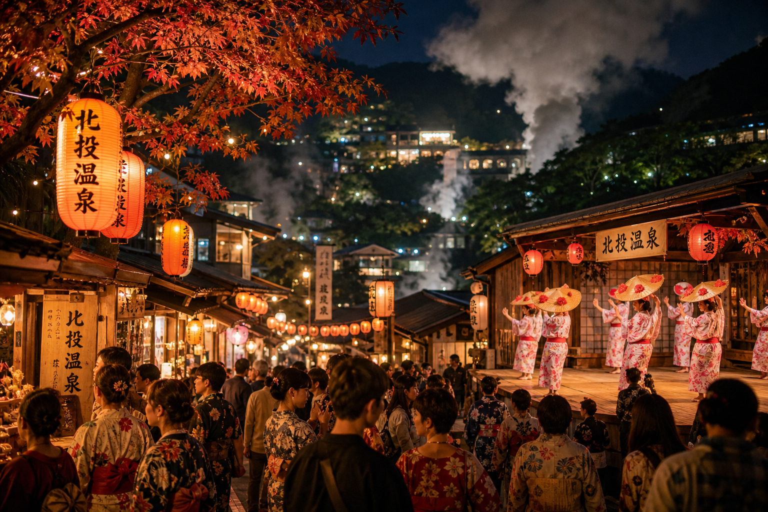 【AI生成示意圖】2026台北溫泉季夜晚的市集與舞台意象：紅燈籠、溫泉展攤、浴衣人潮與遠方蒸氣。