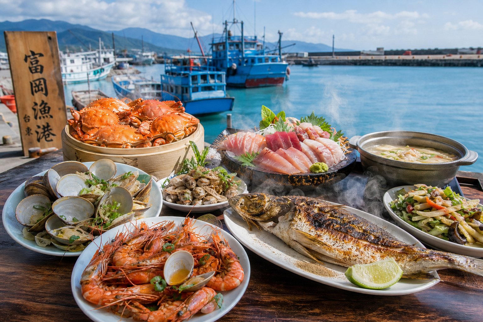 富岡漁港新鮮海產，螃蟹、生魚片、烤魚等海鮮大餐