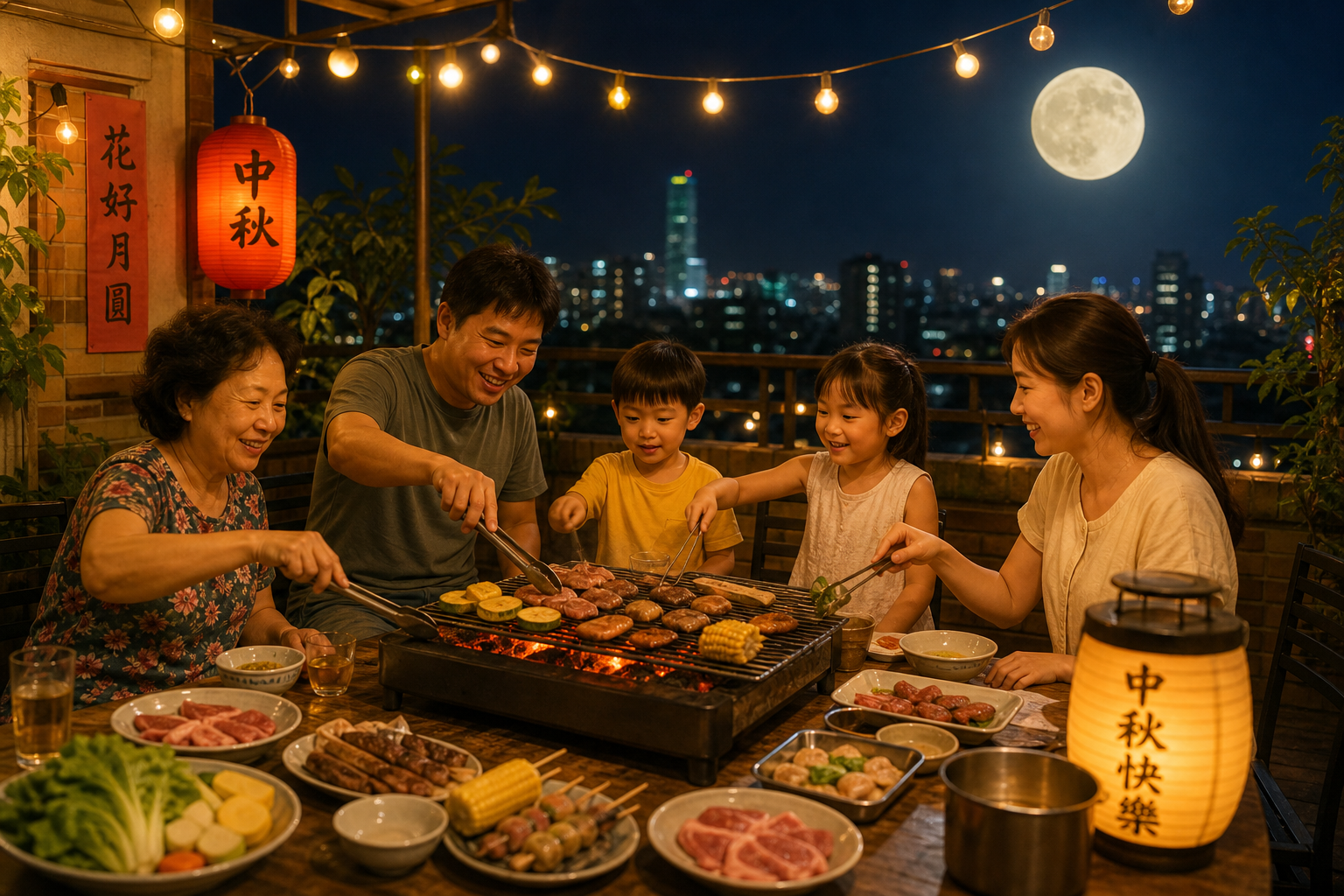 中秋節台灣人陽台烤肉，滿月高掛夜空，溫馨的團圓氛圍