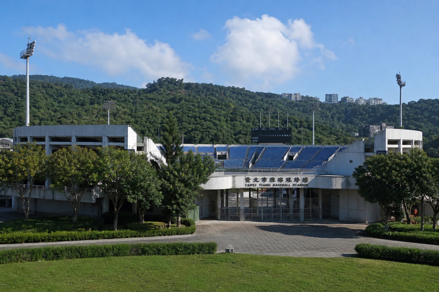 【AI生成示意圖】天母棒球場外觀，位於天母運動公園內的味全龍主場