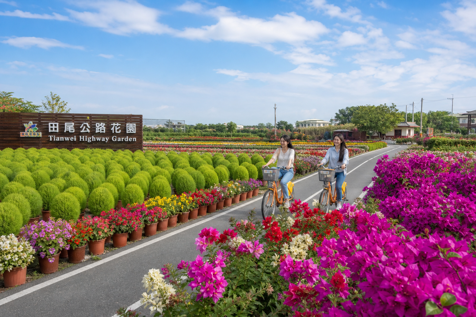 田尾公路花園的單車道與波波草花園,綠意盎然的鄉村風光