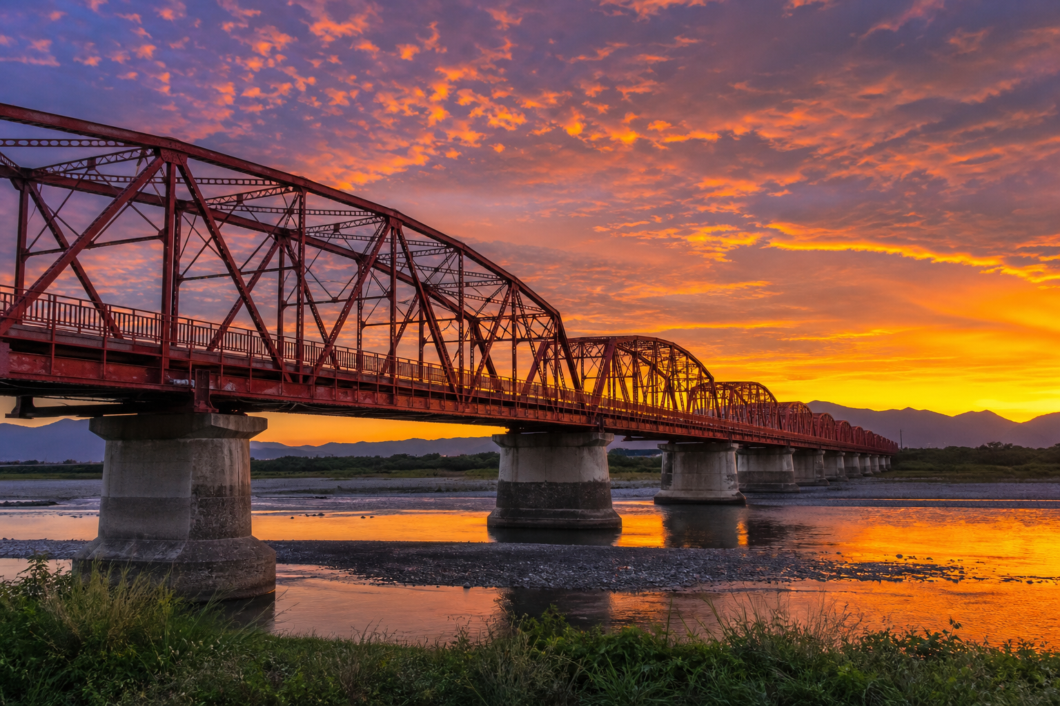 西螺大橋夕陽,紅色鋼橋橫跨濁水溪,金色天空與河水相映