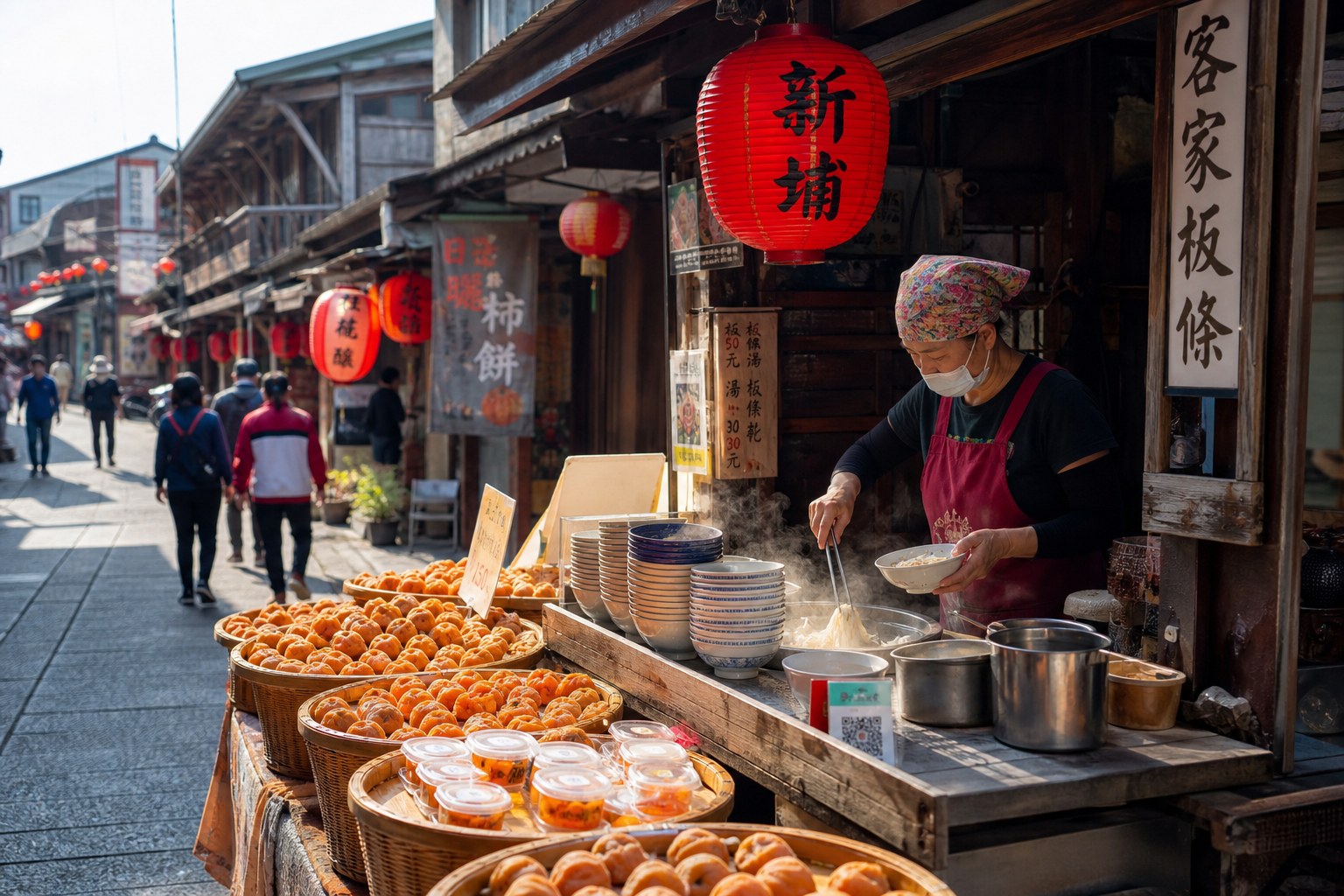 新埔老街的客家粄條店與柿餅攤，秋日限定的小鎮風情（AI 生成示意圖）