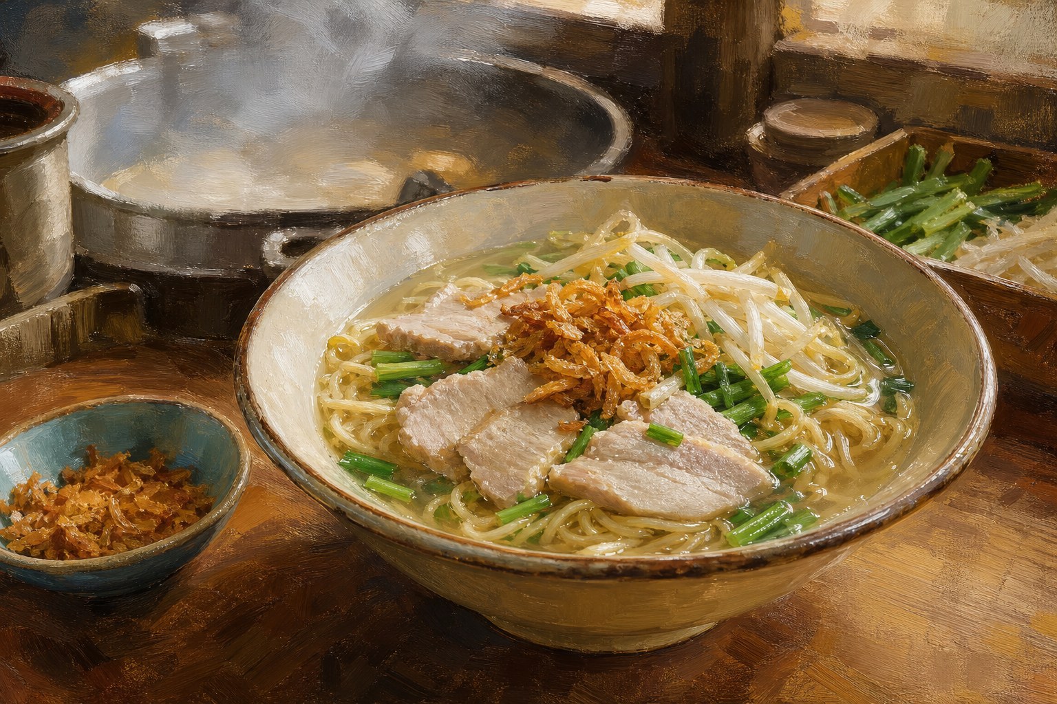 【AI生成示意圖】玉里麵：油麵加肉片、韭菜、豆芽與油蔥酥的大骨湯麵，麵攤現煮熱氣騰騰
