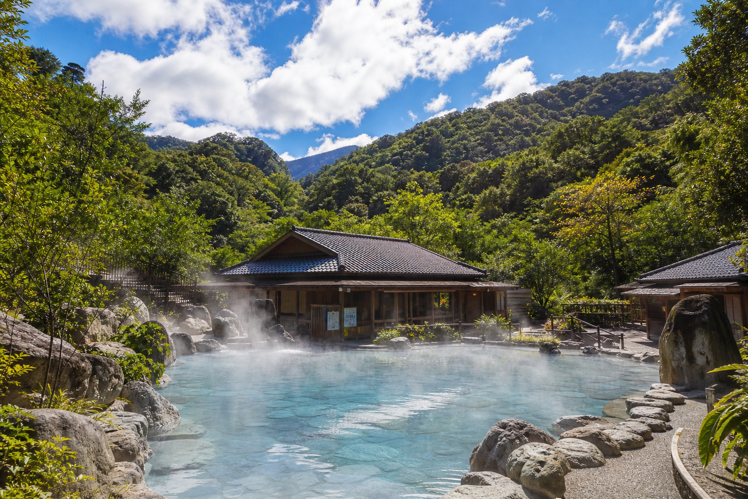 知本溫泉區的露天泡湯池，四周群山環繞