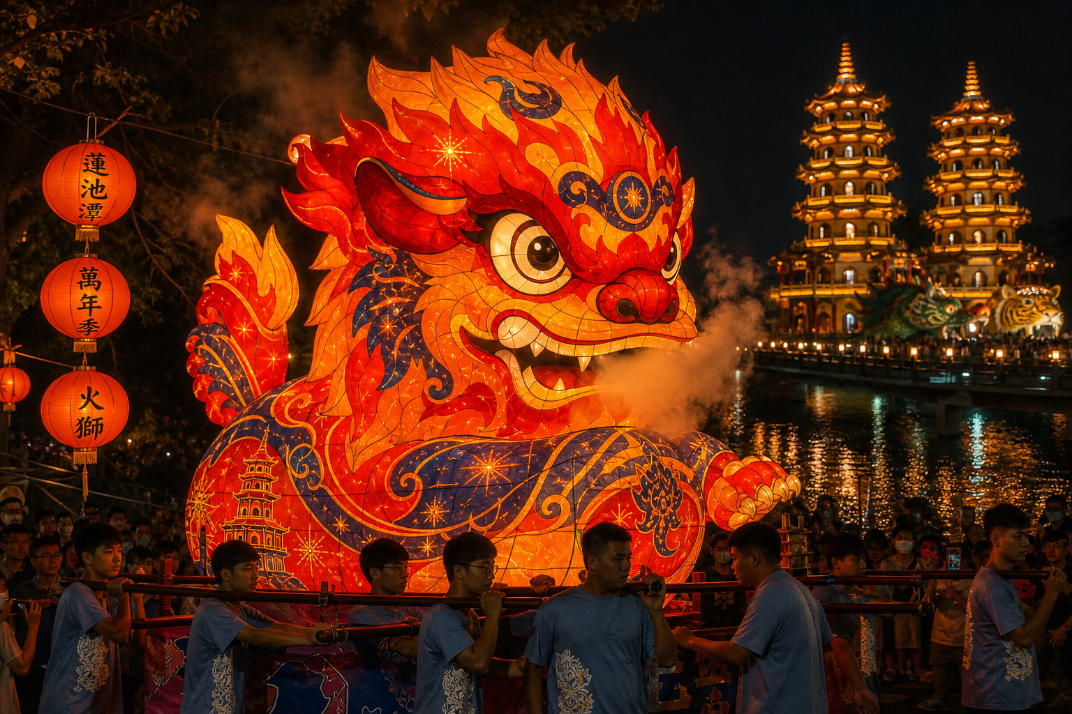 【AI生成示意圖】2026 左營萬年季火獅夜間巡境,蓮池潭畔龍虎塔燈火倒映(以官方主視覺與往年火獅實拍為構圖參考生成)。