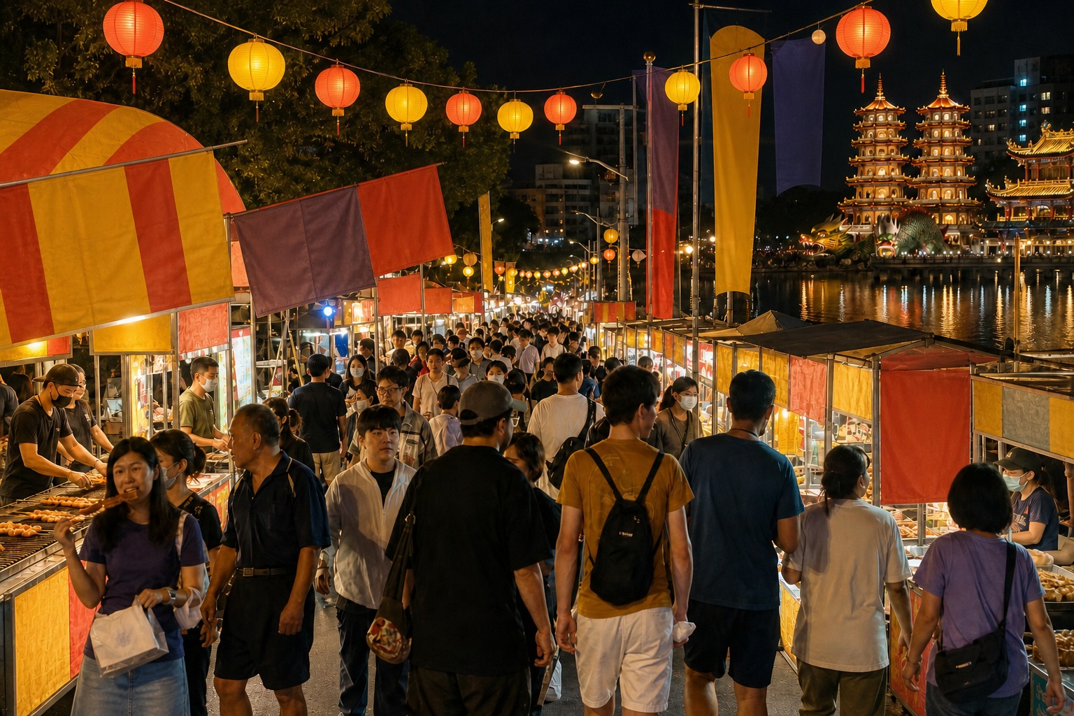 【AI生成示意圖】萬年季蓮潭路夜市:燈籠高掛、上百攤美食市集沿蓮池潭展開的夜間盛況(以活動實況為構圖參考生成)。